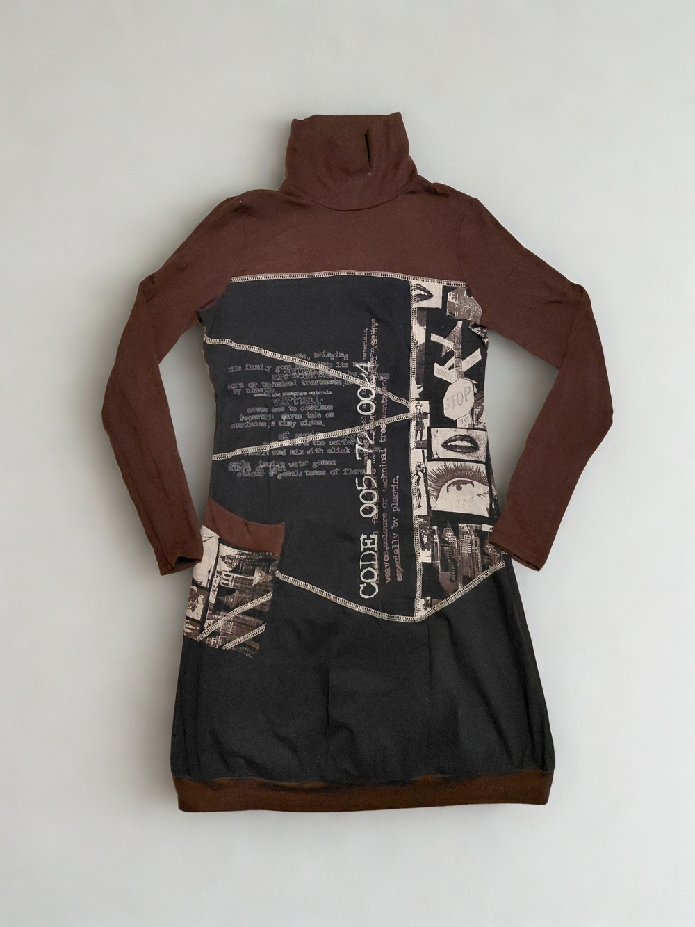 Cache Cache French Graphic Print Turtleneck Dress Brown Black Patchwork Sz 40